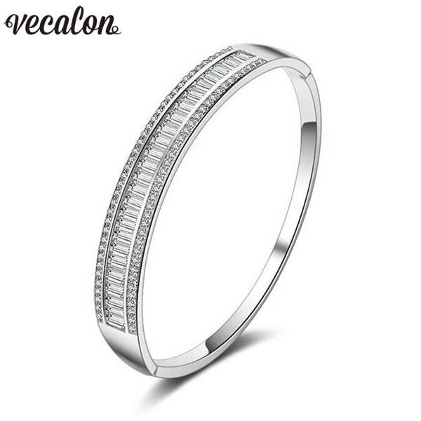 Vecalon Romantic princess cut 5A cubic zirconia Baguette bracelet wedding bangle White Gold Filled womens accessaries Jewelry
