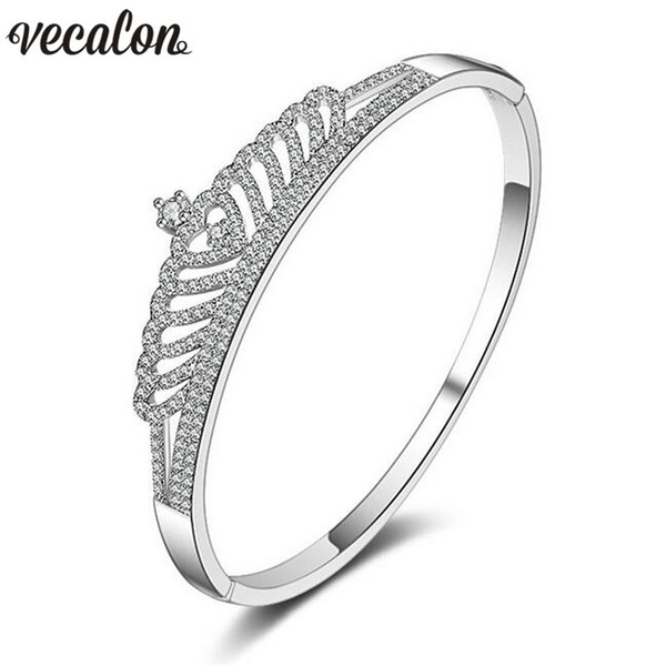 Vecalon Female Crown Bracelet Pave setting 5A Zircon Cz White Gold Filled wedding bangle for women Bridal Mother Jewelry