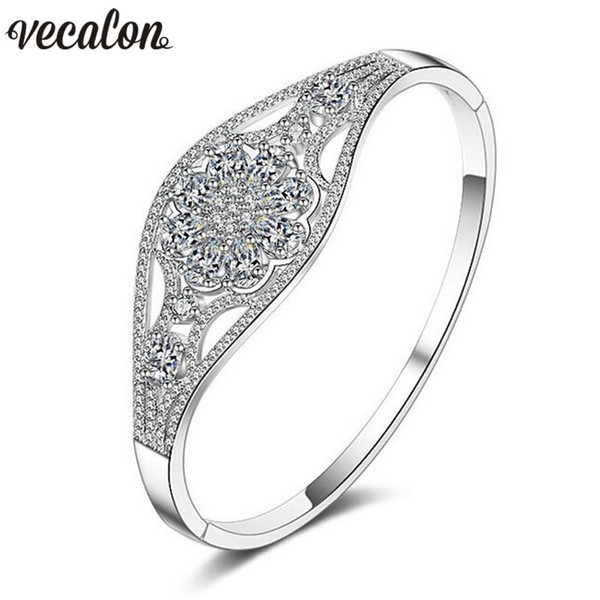 Vecalon Romantic Flower style Bracelet 5A cubic zirconia White Gold Filled wedding bangle for women Bridal accessaries Jewelry