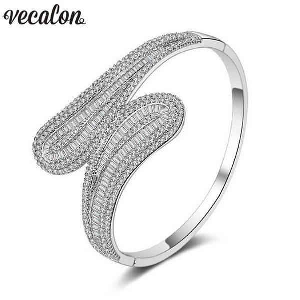 Vecalon New Fashion 5A cubic zirconia T stone Baguette bracelet Big shinning bangle White Gold Filled womens accessaries Jewelry