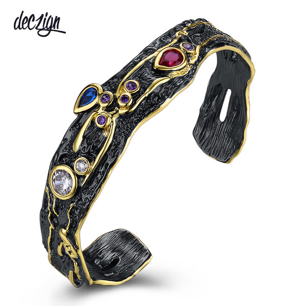 Deczign Wholesale Drop Ship Neo Gothic Open End Black Gold Muti Color Zircon Bangle Mulheres bayan bileklik BAN01