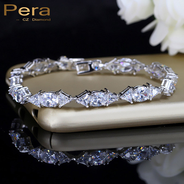 Pera Luxury Bridal Wedding CZ Jewelry Clear White Stone Connected Fashion Sterling Silver Bracelets & Bangle For Bridesmaid B036