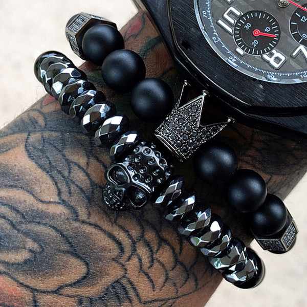 Mcllroy bracelet men/skull/steel/stone/beads/luxury/bracelets for mens crown cz zircon man bracelet homme jewelry Valentine gift