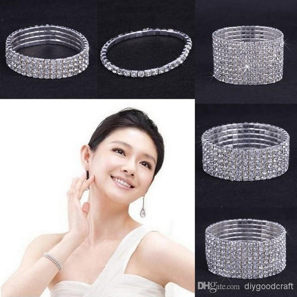 10PCS 1-10 Rows Rhinestone Austria CZ Bracelets Crystal Wedding Bride Stretchy Bangle Wristband Jewelry Bracelet ZAU*10