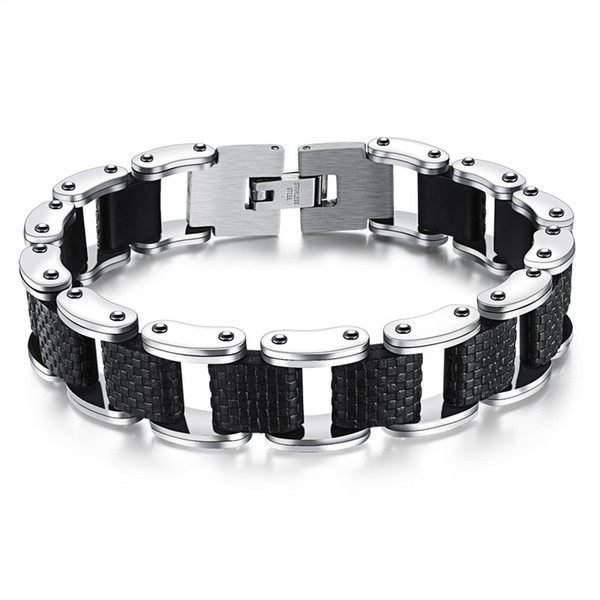 Square Genuine Sillcone Mens Bracelet Stainless Steel Motorcycle Biker Chain Design Casual Style Double Safety Claspes FGS832