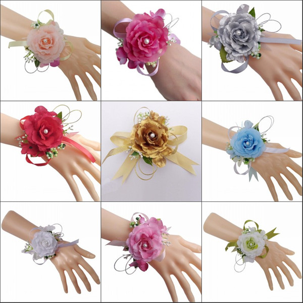 Mix Colors Bridal Wrist Flower Corsage Bridesmaid Sisters Hand Flowers Wedding Prom Artificial Silk Flowers Bracelet