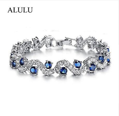 Luxury Blue Crystal Bracelet For Wedding Silver Bracelet Rhinestone Charm Women Bangles Jewelry Pulseira Feminina BR520