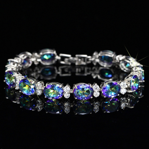 Luxury Oval CZ Diamond Bracelet European Wedding Brass Jewelry Bijoux Mystic Topaz CZ Paved Tennis Bracelet For Women Fashion Bijouterie B76