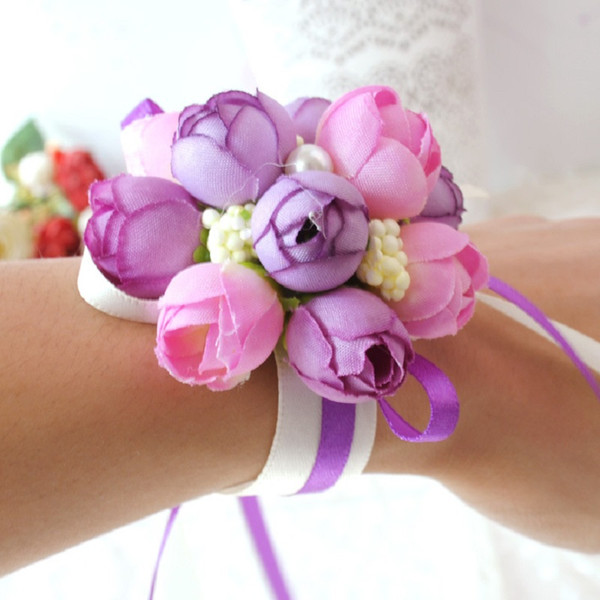 Rose Artificial Bride Flowers Bracelets Pearl Floral Hand Wrist Corsage Adjustable for Wedding Party Decoration Ceremony Party Wholesale