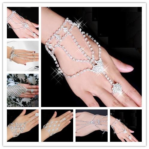 elegant Bridal Crystal Rhinestone bracelet with ring wristband Finger Bracelet wedding party prom event Jewelry