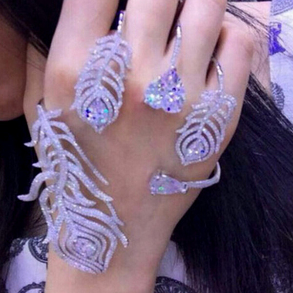 New Fashion Brand Luxury Cubic Zirconia Feather Palm Party Bangle High Quality Shiny Statement Cuff Hand bride Bracelet Free Shipping