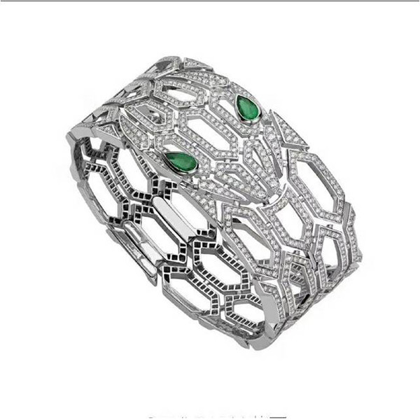 Derongems_Elegant Fully Diamonds Pear Emerald Gemstone Snake Bangles_S925 Sterling Silver Emerald Stones Party Bangles_Facotry Directly Sale