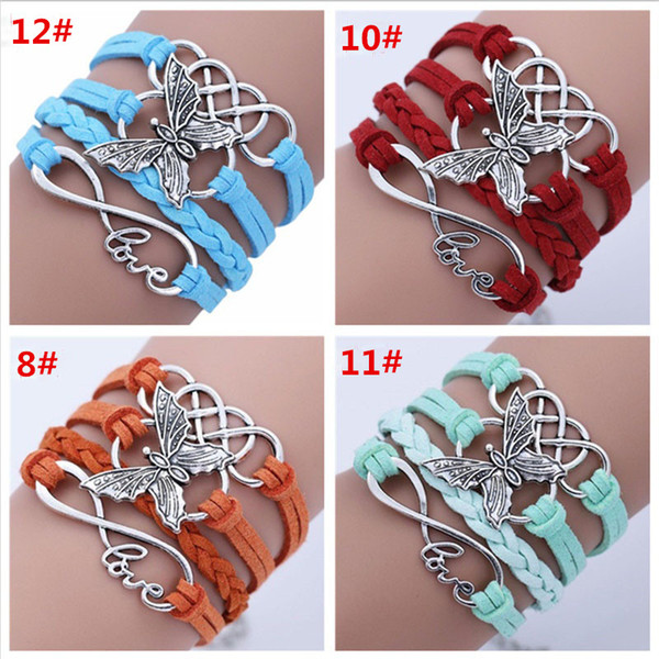 Vintage handmade DIY multi-layer Korean velvet Wax line infinite love butterfly charm chain bracelet 12 color optional