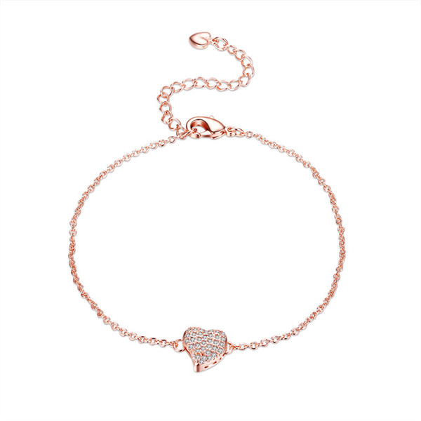 Exquisite Rose Gold Plated Brass Link Chain Prong Setting CZ Crystal Heart Pendant Bracelet for Women Free Shipping