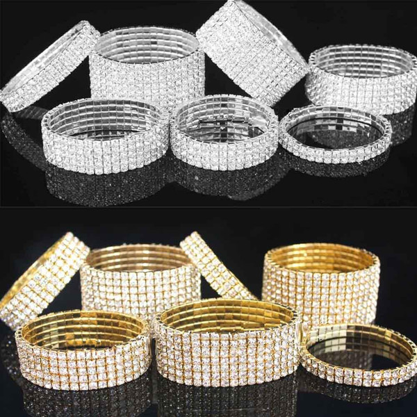 1-10 Rows Rhinestone Austria CZ Bracelets Crystal Wedding Bride Stretchy Bangle Wristband Jewelry Bracelet Gold and Silver Color