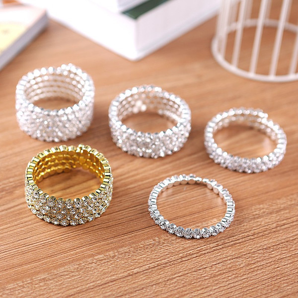 High Quality 1-5 Row Bridal Wedding Spiral Bangle Bracelet Big Crystal Rhinestone Stretch Wristband Hot Sale Jewelry Accessories for Women