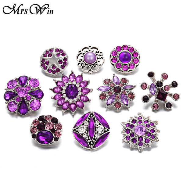 10pcs/lot Mixed Purple Crystal 18mm Snap Buttons Jewelry Lots 10 Design Snaps Fit DIY Snap Bracelets & Bangles
