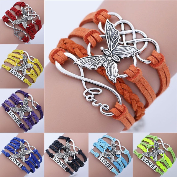 Vintage Infinity Charm Bracelets Leather Bracelets Creative Handmade Rope Butterfly LOVE Hot Sale Fashion MultilayerJewelry 12 Colors Option