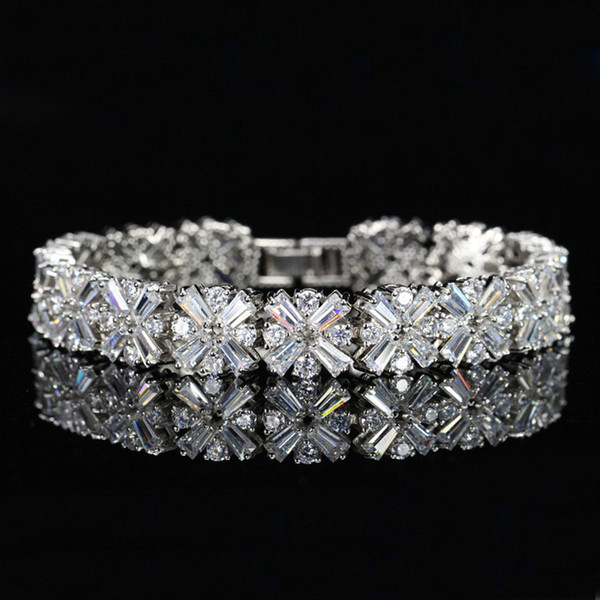 Newest High quality competitive price rhodium plated 5A CZ zirconia diamond bridal wedding bracelets for women