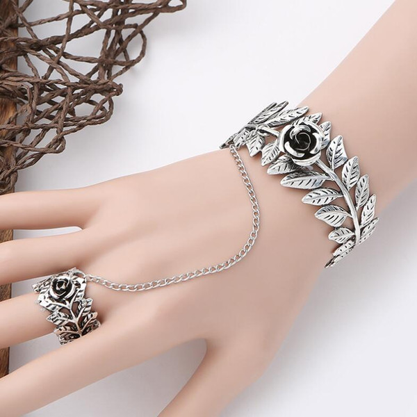 2018 new vintage ethnic style carved leaves decorative bracelet casual fashion open bracelet ring set hand catenaryt