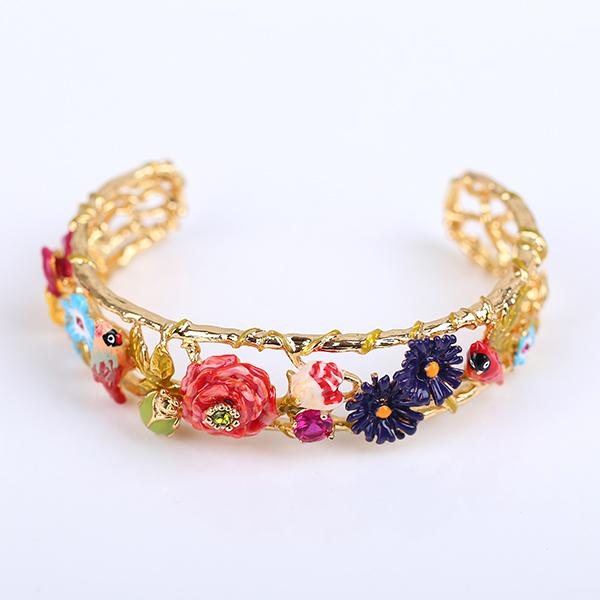 Les BSL Nereides Rose Parrot hollowed out diamond enamel colored bird flower opening bracelet