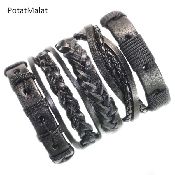 PotatMalat 5Pcs Handmade Punk Charms Men Braclet For Women Ethnic Tribal Wrap Black Bracelet & Bangle Femme Male Wristband Wrap Jewelry F72