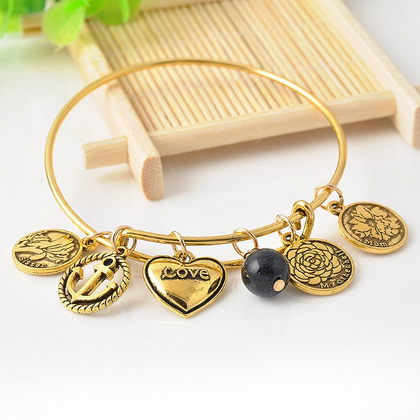 2018 Newest Design Women Girl Gift Retro Alloy Love Heart Flower Anchor Bracelet Starfish Gold Pendant Bracelet