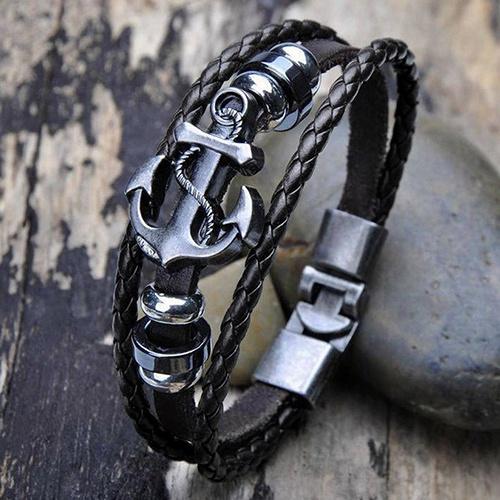Men Vintage Punk Style Black Metal Anchor Steel Studded Surfer Faux Leather Bangle Cuff Bracelet Gift Party