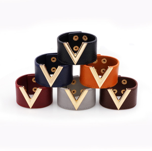European American fashion wide leather bracelet woman V shape bangle jewelry