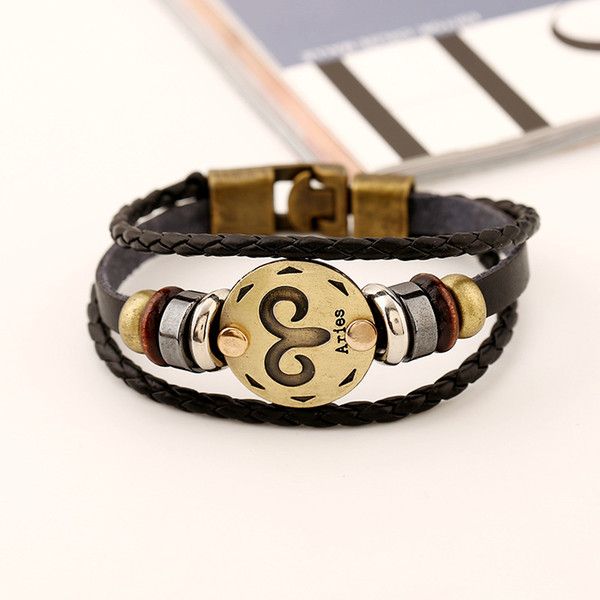 12 Constellations Bracelet 2018 New Fashion Jewelry Leather Bracelet for Men Casual Personality Zodiac Signs Punk Bracelet Freeshoping