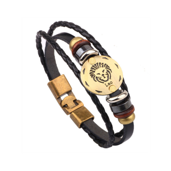 12 Horoscope Leather Bracelet Men Jewelry Vintage Retro Charm Bracelet Male Jewelry 8.2