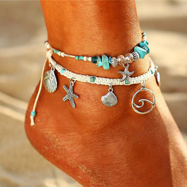 2018 Fashion Bohemian Starfish Stone Anklets Set For Women Vintage Handmade Wave Anklet Bracelet on Leg Beach Ocean Jewelry 2018