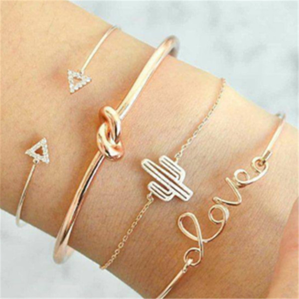 New women men triangle Knotted cactus lovers bracelet Hot Rose Gold Alloy Letter Charm Bracelet Set Exquisite Female Personality Jewelry