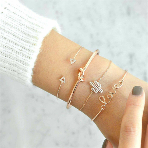 Fashion women men triangle Knotted cactus lovers bracelet Hot Rose Gold Alloy Letter Charm Bracelet Set Exquisite Female Personality Jewelry