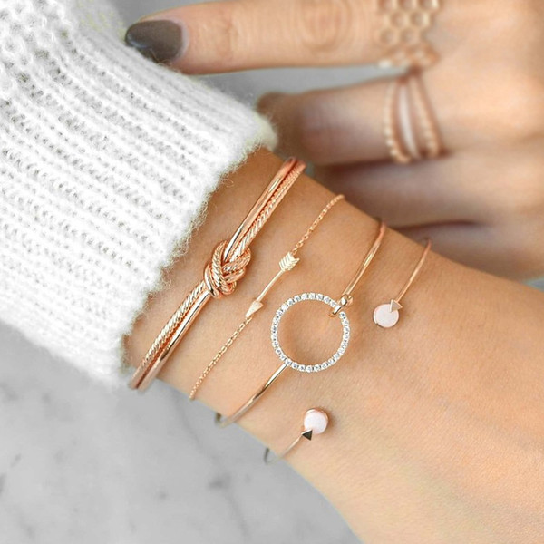 Classic Arrow Knot Round Crystal Gem Multilayer Adjustable Open Bracelet Set Women Fashion Party Jewelry Gift