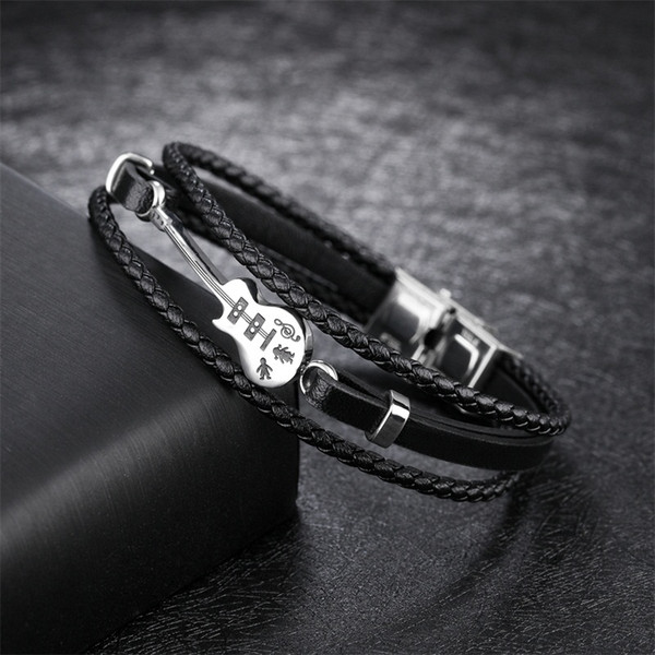Unique Stainless Steel Guitar Bracelets Customized Logo Leather Bracelet for Men Rope Bangle Drop shipping