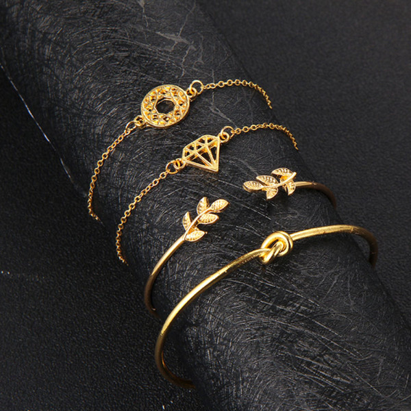 4pcs/Set Fashion Bohemia Leaf Knot Hand Cuff Link Chain Charm Bracelet Bangle for Women Gold Bracelets Femme Jewelry 6115