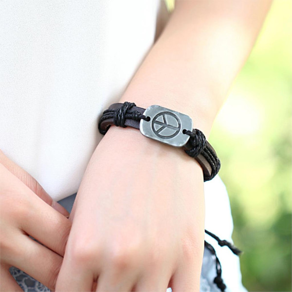 2019 Arrival Peace Charm Leather Bracelets Cuff Weave Wrap Leather Bracelets & Bangles Fashion Brand Friendship Women Men Gifts