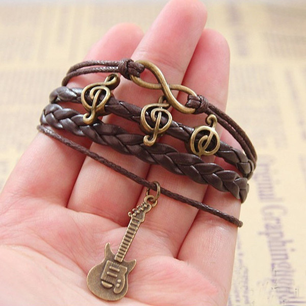 New Arrival Infinity Guitar Music Note Friendship Antique Copper Leather Charm Bracelets pulseras de cuero