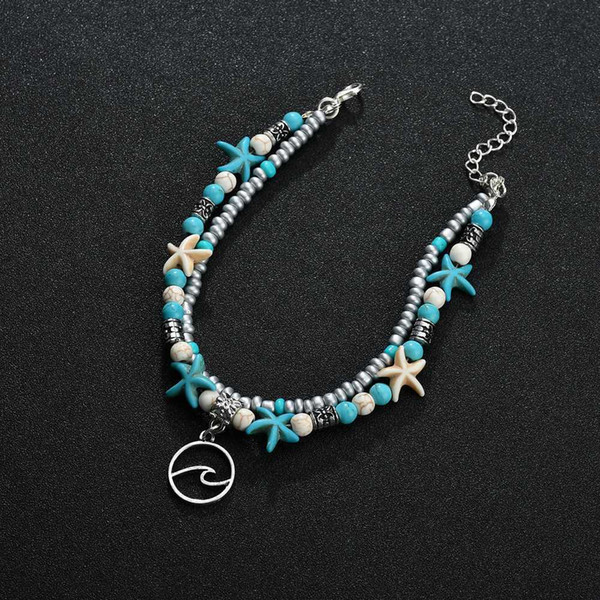 Euro-American Double Footchain Wave Sea Star Mizhu Yoga Beach Wave Pendant Footchain Bracelet