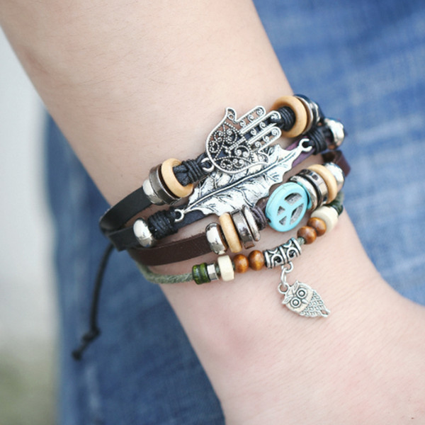 Hamsa Hand Bracelets For Women Men 2019 Fashion Wristband Female Owl Leather Bracelet Leaves Vintage Punk Turkish Jewelry
