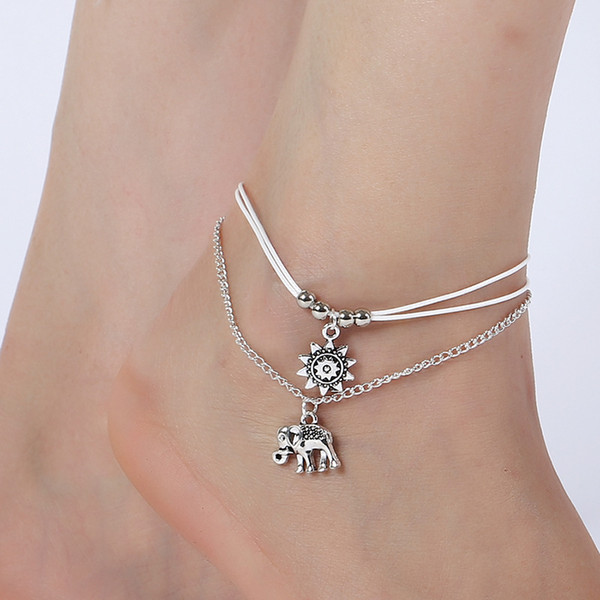 2019 Fashion Bohemian Elephant Sun Alloy Anklets Set For Women Vintage Handmade Anklet Bracelet on Leg Multi-storey Jewelry