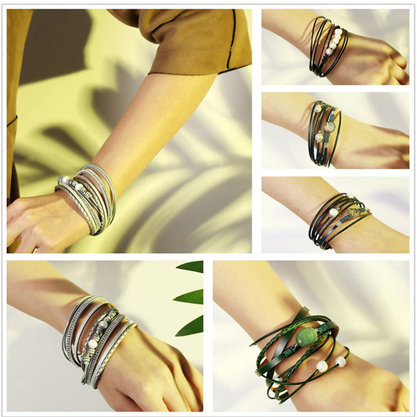Vintage Multiple Layers Leather Bracelets For Women Men New Simulated Pearl Fashion Charms Bracelet Femme Statement Jewelry
