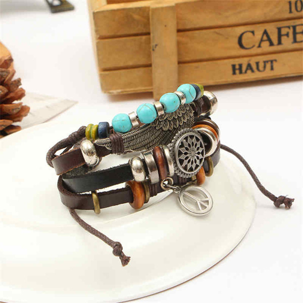 Fashion Vintage Wing Leather Bracelet For Men Woman Fashion Black Color Multiple Braided Bracelets Jewelry Gift Wholesale