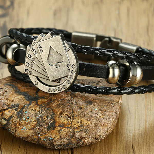 Vnox Lucky Vintage Men's Leather Bracelet Playing Cards Raja Vegas Charm Multilayer Braided Women Pulseira Masculina 7.87