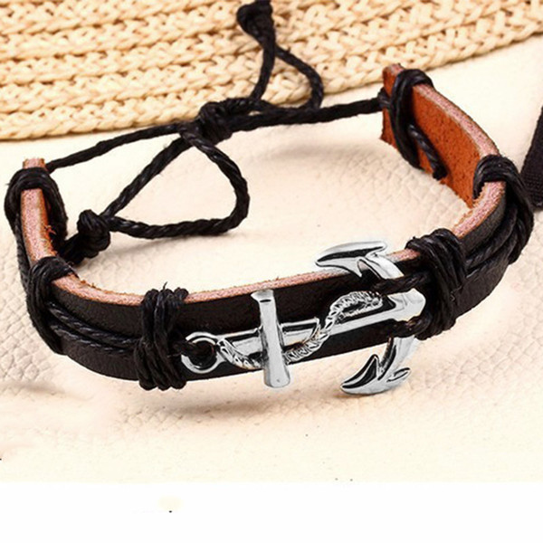 New Fashion Men Jewelry Vintage Leather Bracelets & Bangles Metal Rudder of ship anchorage Bracelet Adjustable Wax Cord Brown Black