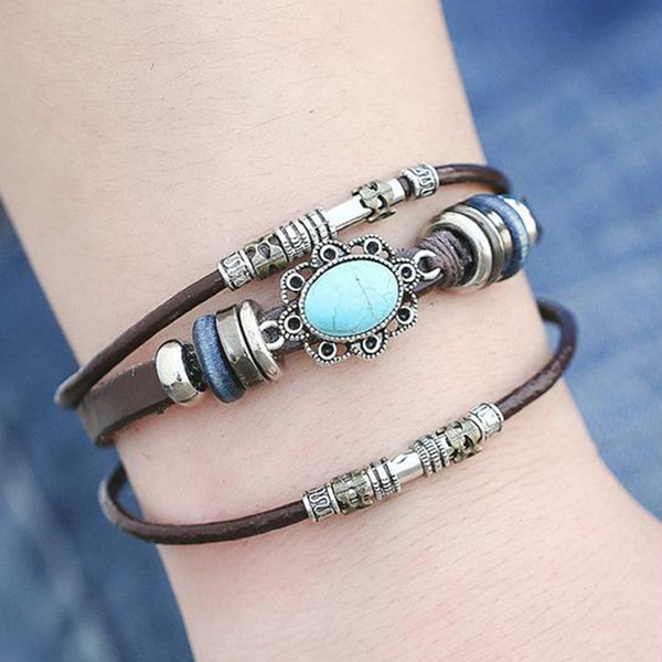 2018 Fashion Style Vintage Flower Bracelets & Bangle Boho Multiple Layers Leather Bracelet Handmade Female Punk Jewelry for Women Man