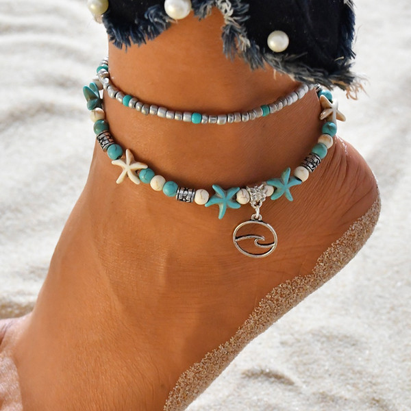 Euro-American Fashion Double Footchain Wave Sea Star Mizhu Yoga Beach Wave Pendant Footchain Bracelet