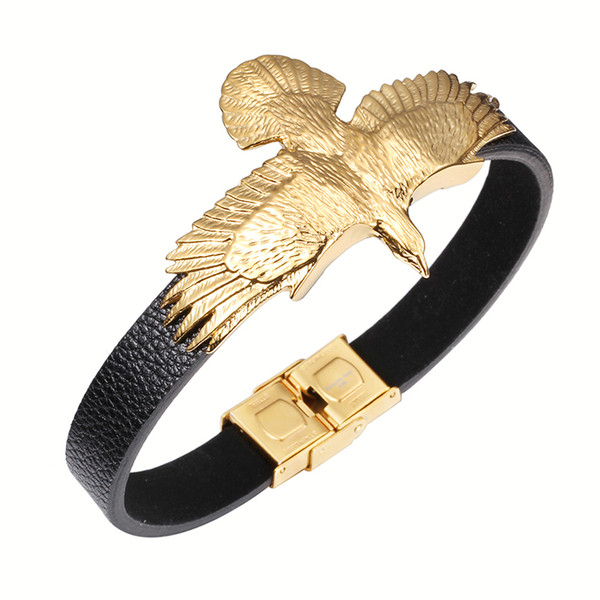 Best Gift For Father's Day Genuine Real Leather With 316L Stainless Steel Gold Biker Flying Proud eagle head Charms Bracelet