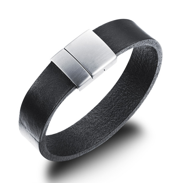 Cool Style Good Quality Black Leather Bracelet Stainless Steel Men Simple Jewelry 8.26''